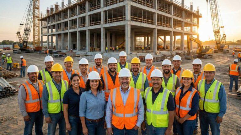 A photo in a construction site of a entire team showing several types of new generation of hispanic construction entrepreneurs