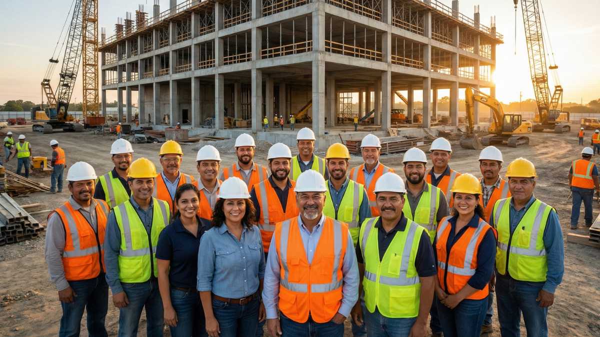 A photo in a construction site of a entire team showing several types of new generation of hispanic construction entrepreneurs