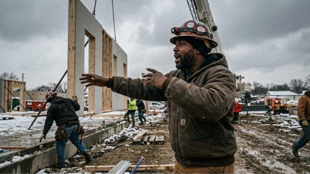 construction worker directing prefabrication structure installation on job site in the United States