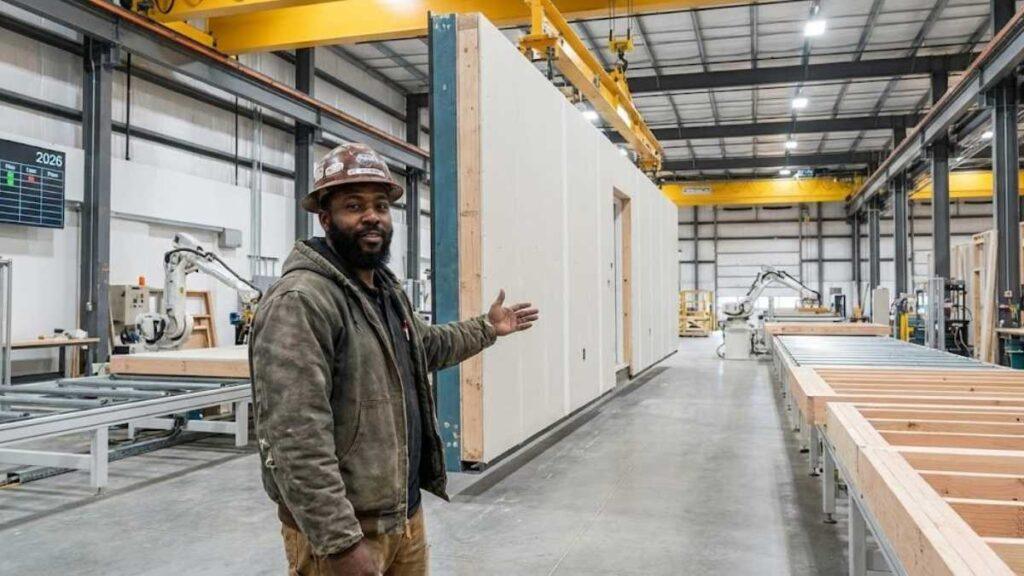construction worker showing a factory of prefabrication structure installation on job site in the United States