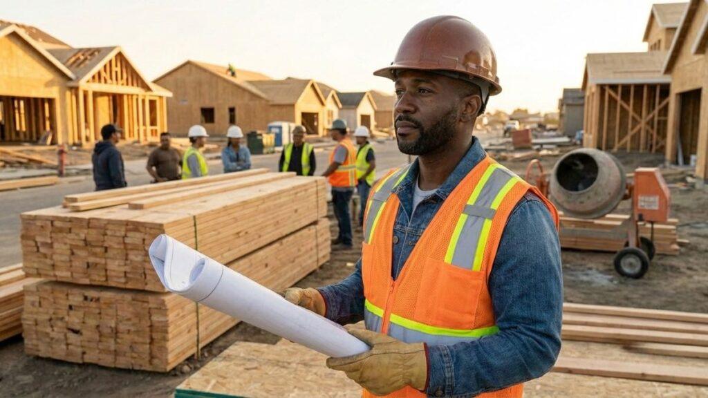 Construction worker checking contractors and the broader construction ecosystem on job site