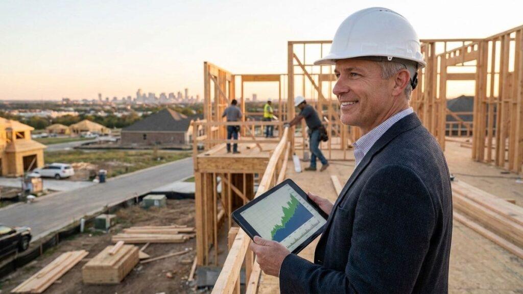 construction project manager reviewing progress on residential job site in the United States