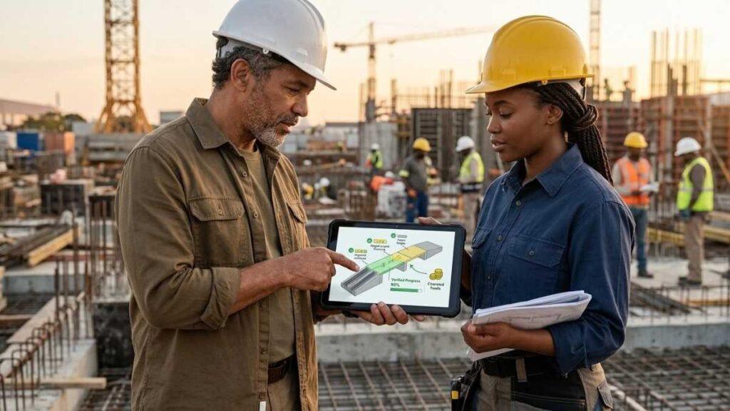 Workers on jobsite talking about progress payment contracts and staged project financing
