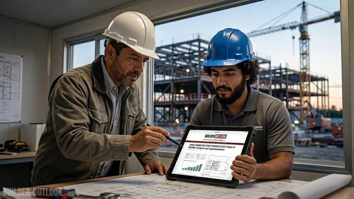 Two workers talking about Construction productivity in the United States on a construction site