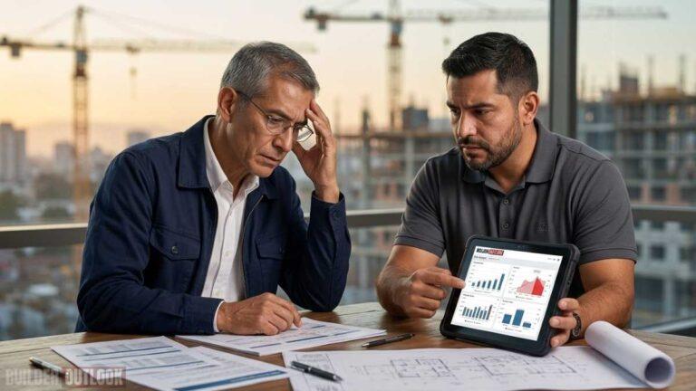 Managers in the office talking about construction cost overruns in the United States