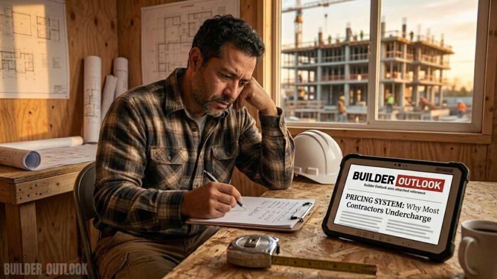 Construction contractor analyzing pricing system and cost estimation errors that lead to undercharging, reviewing project notes inside jobsite office with building under construction in the background