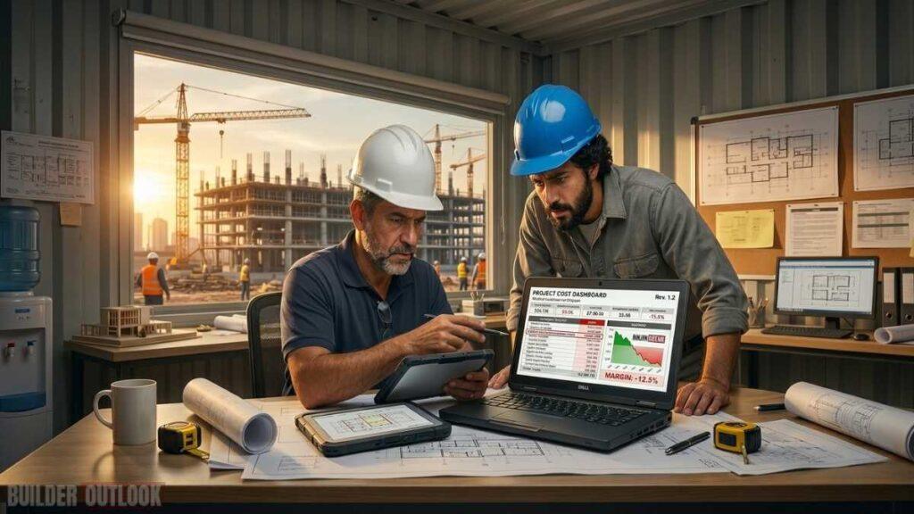 2 workers on a jobsite office, talking abouit the “small change” that destroyed the margin