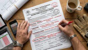 Construction permits in the United States process showing contractor reviewing approvals before starting a project