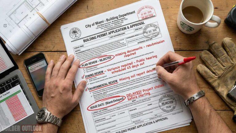 Construction permits in the United States process showing contractor reviewing approvals before starting a project