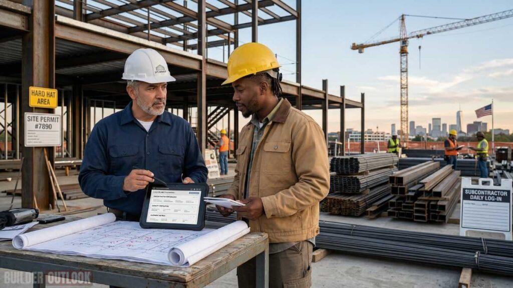 Construction site managers reviewing subcontractor plans on a jobsite using tablet and blueprints, showing how high-level contractors control subcontractors in the United States