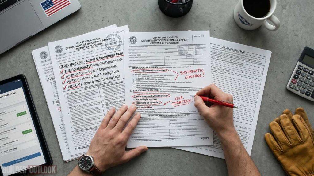 Construction permits in the United States: contractor reviewing permit applications and planning strategies to control approval process and avoid project delays