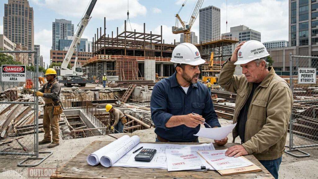 Construction permits in the United States: contractor reviewing permit applications and planning strategies to control approval process and avoid project delays